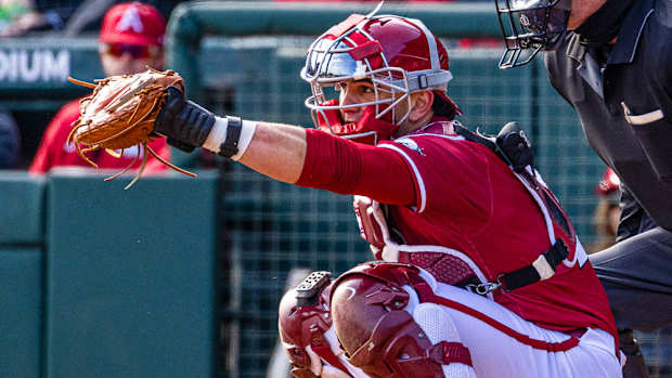 Razorbacks catcher Ryder Helfrick against James Madison